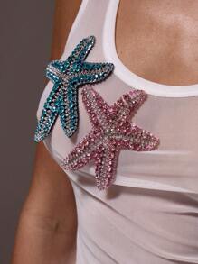 SHEIN x Eduarda Gutierrez MUSERA 贝壳海星亮片细节吊带背心，适合节日、假日、度假、可爱优雅的伊比沙岛外出上衣，优雅春夏款 - 白色 - 查看 6