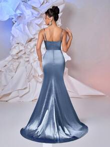 Glamrae Váy satin sang trọng quyến rũ không tay màu xám xanh lấp lánh với đá quý đính ở eo xoắn, viền đuôi cá xẻ tà bên hông, thích hợp cho các buổi hẹn hò, bãi biển, sinh nhật, tiệc tùng, đám cưới, tốt nghiệp, vũ hội - Xám Xanh - Xem 4