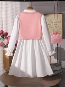 Conjunto de vestido de manga abullonada y chaleco de perla sólido con bolsa a juego para niña preadolescente - Rosa - Ver 2