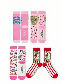 HARRY POTTER X SHEIN 4 Pairs Soft & Breathable Moisture-Wicking Casual Women Crew Socks With Fashionable And Cute Pink Crew Socks Reinforced Toe & Heel For Durability Unisex For Men & Women All Season All-Match,Christmas