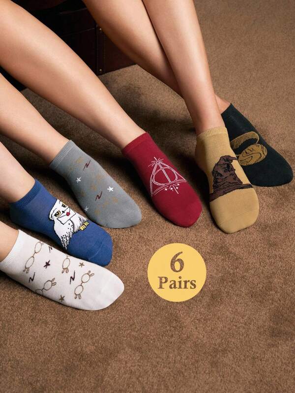 HARRY POTTER X SHEIN 6 pares de calcetines casuales de tobillo suaves y transpirables que absorben la humedad para hombre, además de 6 pares de calcetines cortos de moda y lindos con motivos de Hedwig y Snitch Dorada, con refuerzo en el dedo y el talón para mayor durabilidad, aptos para mujeres todo el verano