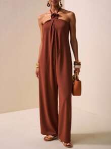 Zivah 2025年夏季新品，音乐节，毕业季，学院风，学生日常穿搭，百搭百搭，休闲，度假，海滩，日光浴，街头风，酒红色/棕色吊带绑带纹理面料露背连体裤 - 紅木色 - 查看 1