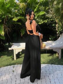 SHEIN SXY Bộ áo dây mảnh không tay gợi cảm và áo liền quần, phong cách kỳ nghỉ - màu đen - Xem 2