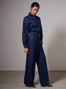 COSMINA 女士休闲日常外出立领牛仔连体裤 - 深色水洗藍 - 查看 6