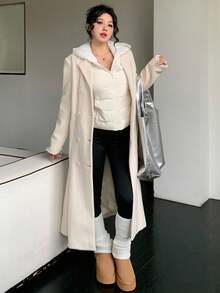 DAZY Women Padded Coat With Hood, Contrasting Sleeves, Fitted Waist, Elegant Urban Casual Outerwear Jacket - White - View 3