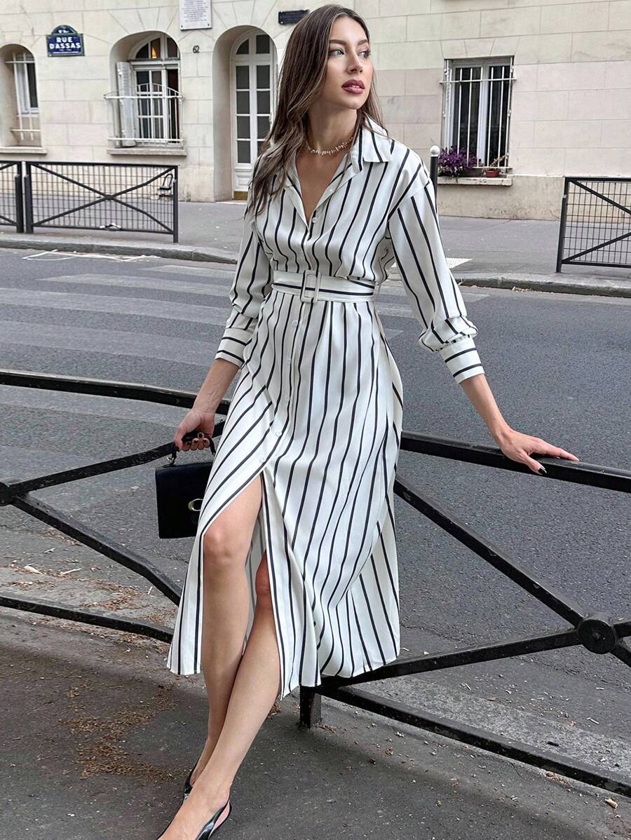 Pariaura Casual Commuting Striped Front Button-Up Shirt Dress Casual Outfits Spring Clothes For University Fall Cloth For Women - White - View 1