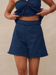 WESTFADE 100% 纯棉西部波西米亚风流苏磨边高腰休闲 A 字短裤休闲、可爱、秋季、冬季、乡村音乐会 - 藍色 - 查看 6