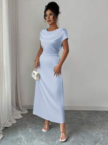 Rafferiza 女士优雅休闲/商务低胸短袖波西米亚风连衣裙 - 淺藍色 - 查看 6