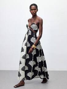 Maija Abito loose con collo a coulisse, effetto colorblock bianco e nero, con stampa, con frange e design traforato, stile casual da vacanza e spiaggia, versatile per primavera/estate