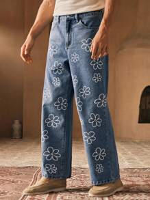 Manfinity VCAY Jeans rectos de cintura media con estampado floral simple y tejido casual para hombres - Azul - Ver 4