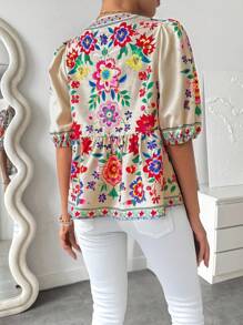 SHEIN LUNE Women's Full Print Tie Bow Puff Sleeve Short Sleeve Blouse