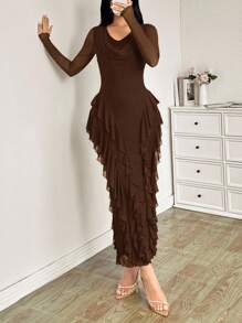 Modelyn Vestido elegante de mujer con cuello de pico, elástico, de malla, con volantes en el bajo, ajustado, para primavera/verano - Marrón - Ver 7