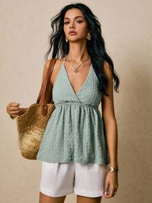 Poéselle Women's Summer Sexy V-Neck Halter Backless Embroidered Ruffle Hem Top - Green - View 1