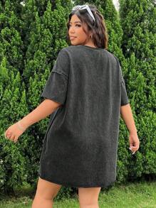 SHEIN EZwear Vestido de talla grande para mujer con cuello de encaje y encaje con copos de nieve y aspecto desgastado de chiffon - Negro - Ver 2