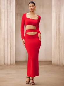 SHEIN Unity Áo len bó sát gợi cảm dài tay cho nữ có thiết kế băng đô, váy maxi cạp cao màu trơn theo phong cách châu Âu và Mỹ, màu đỏ - Đỏ - Xem 4