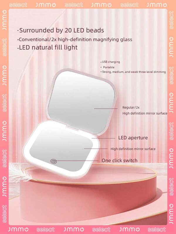 JMMO High-Definition  Mirror Magnification Patch Mirror Three Level Dimming Portable Flip Cover Circular Folding LED Makeup Mirror With One Side Enlarged 2X Beauty Mini USB Light Emitting Charging Small Mirror