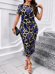 SHEIN Clasi Plus Size Elegant Leopard Rose Print Valentine's Day Dress,Summer Outfits For Women