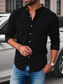 Manfinity Homme Men's Casual Vacation Black Long Sleeve Stand Collar Shirt - Black - View 1