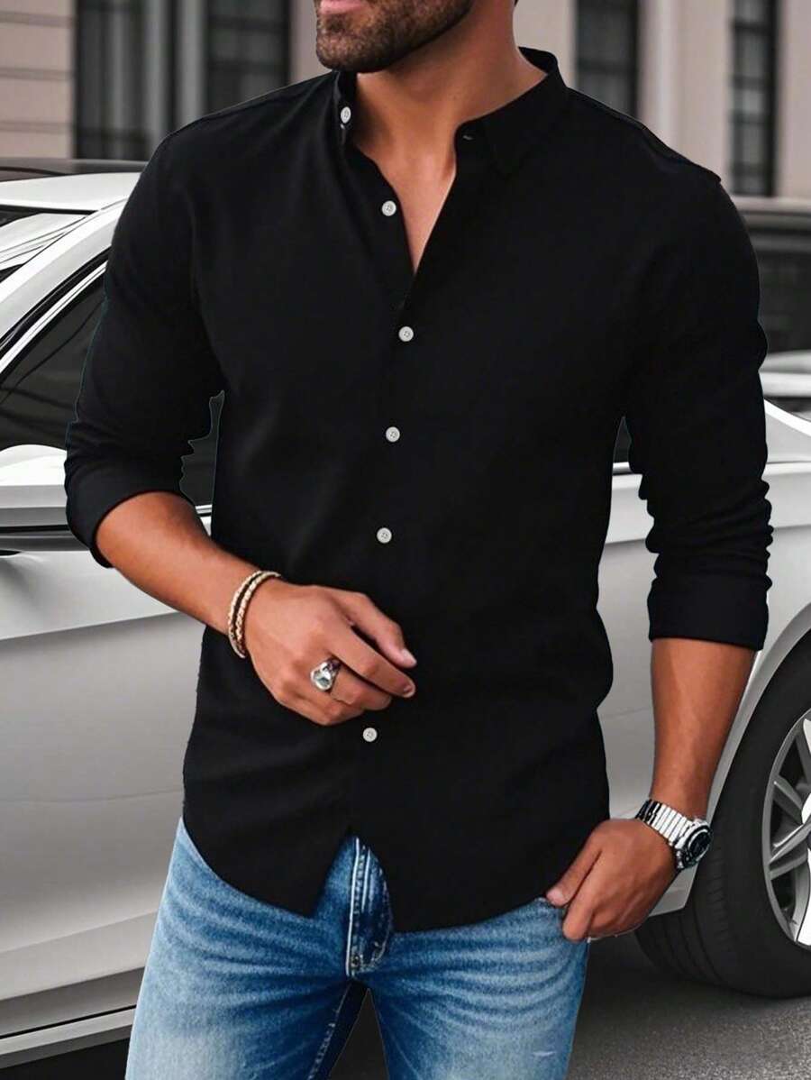 Manfinity Homme Men's Casual Vacation Black Long Sleeve Stand Collar Shirt - Black - View 1