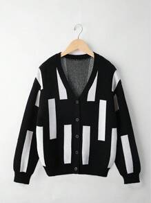 SHEIN Explorewe Boys Black & White Cardigan, Simple Street Casual, Suitable For Travel, Gatherings, Back To School, Spring, Summer And Autumn - Black and White - View 7