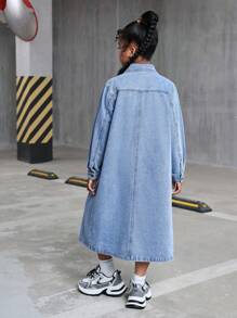 SHEIN Tween Girls 1pc Flap Pocket Casual Washed Ripped Button Front Long Sleeve Pocket Simple Daily Denim Long Coat, Fall Winter Kids Clothes,Hot Pinks Pants, Homecoming Pants, Baggy Jeans, Baggy Girl Jeans, Low Rise Jeans,Business Casual Style Girls Jeans,Fall Clothes Cargo Pants