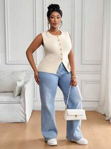 SHEIN PETITE CURVE 大码女式休闲纯色前扣无袖针织上衣，夏季 - 杏色 - 查看 6