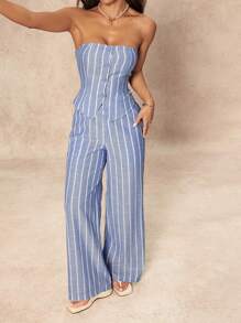 SHEIN PETITE Casual gestreepte top met enkelrijgsm en wijde broek voor dames, modieuze set van 2 stuks, loungesets voor dames, voor dagelijks gebruik