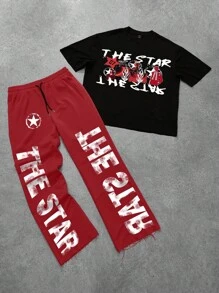 Manfinity Roghcode Manfinity Streetrush Pakaian Streetwear Pria Hitam dan Merah 2pcs Set, Kaos Lengan Pendek Crop dengan Motif Gambar & Huruf & Celana Panjang Lebar Tema Liburan Kota Musim Panas - MultiWarna - View 1