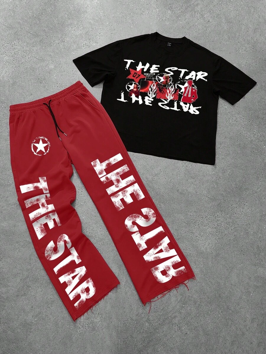 Manfinity Roghcode Manfinity Streetrush Pakaian Streetwear Pria Hitam dan Merah 2pcs Set, Kaos Lengan Pendek Crop dengan Motif Gambar & Huruf & Celana Panjang Lebar Tema Liburan Kota Musim Panas - MultiWarna - View 1