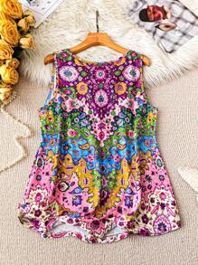 EMERY ROSE Plus Size Sleeveless Round Neck Printed Tank Top For Summer Casual Outings Graphic Tees Women Tops - Multicolor - View 2