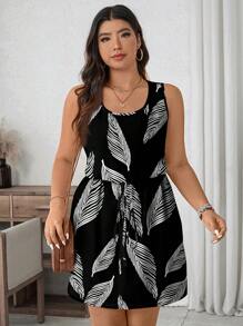 EMERY ROSE Plus Size Leaf Print Casual Loose Fit Beach Dress Suitable For Going Out Chic Dress,Flower/Spring/Summer/Vacation - Multicolor - View 3