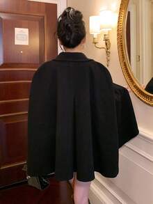 DAZY 女士加大码加厚羊毛披肩外套，复古优雅高端秋冬斗篷夹克 - 黑色 - 查看 8