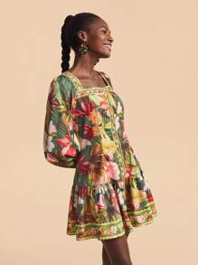 Travachic Women's Floral Print Square Neck Lantern Sleeve Ruffled Hem Fashionable Dress, For Vacation, Tropical Dress, Tropical Print Dress, Long Sleeve Mini Dress, Floral Print Dress,Vacation,Vacation Style, - Green - View 6