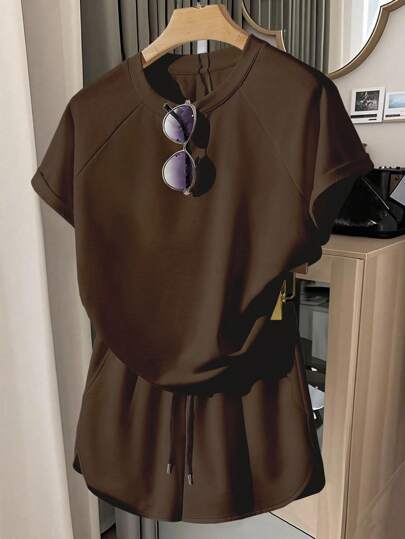 INAWLY 女式休闲插肩袖上衣和短裤两件套