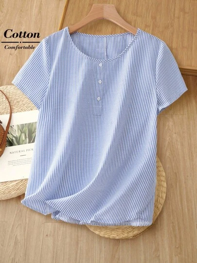 EMERY ROSE Blusa de mujer talla grande de primavera, casual y de vacaciones, con cuello redondo, manga corta y rayas azules y blancas