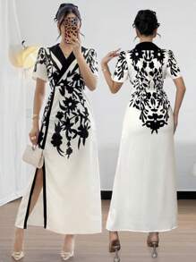 Modelyn Đầm suông tay bồng họa tiết hoa cổ chữ V thanh lịch thường ngày cho nữ - Nhiều màu - Xem 1