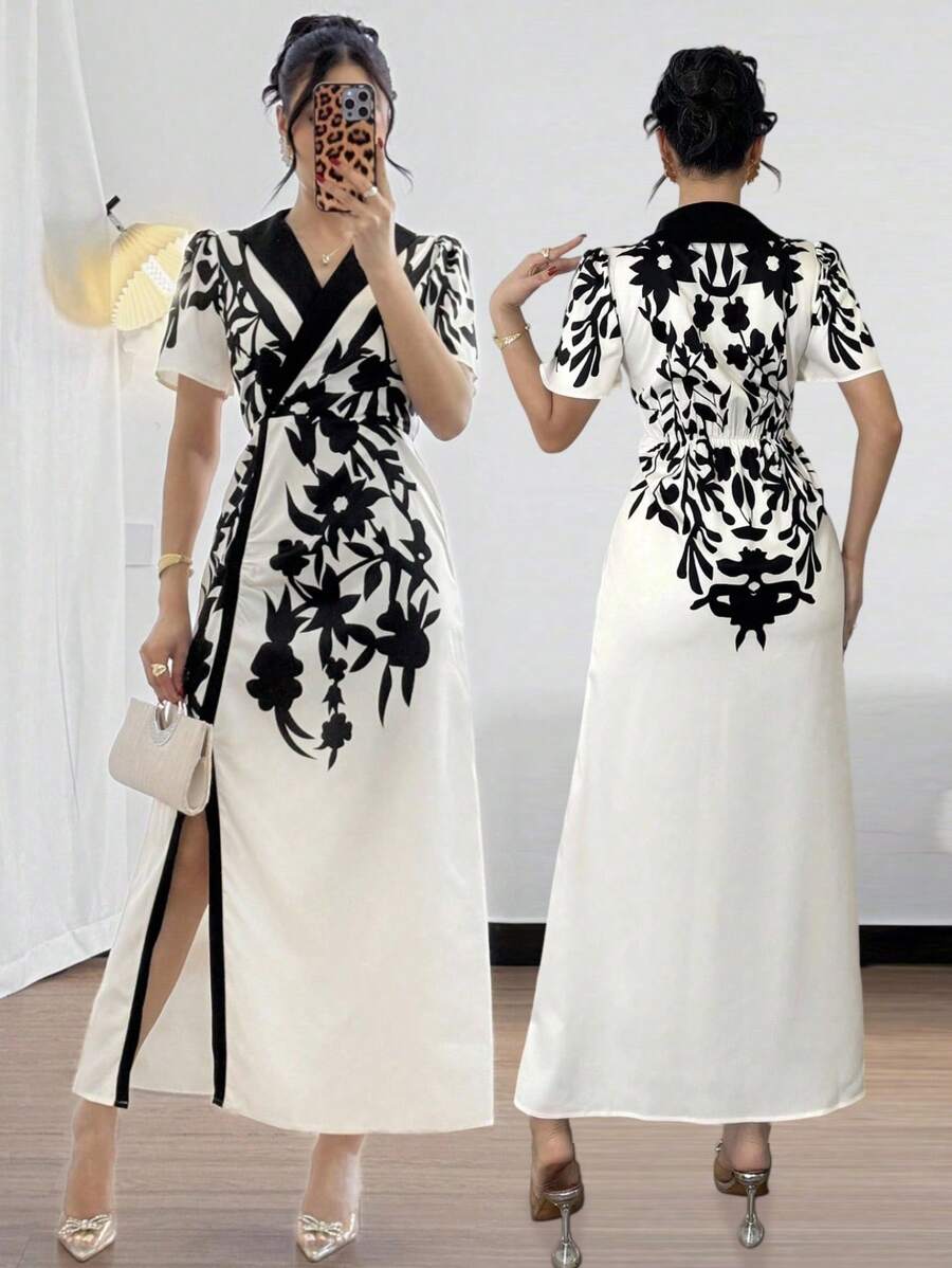 Modelyn Đầm suông tay bồng họa tiết hoa cổ chữ V thanh lịch thường ngày cho nữ - Nhiều màu - Xem 1
