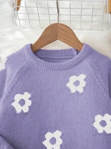SHEIN 适合年轻女孩的花卉图案圆领插肩袖休闲毛衣 - 紫色 - 查看 3