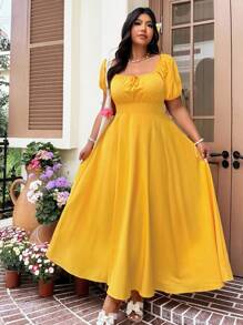 Solflare Solflare Plus Size Women Yellow Short Sleeve Casual Tie Front Waist Cinched Elegant Vacation Outfits Woman Casual Wedding Guest Dress, Spring/Summer, Sun Dress,Graduation Dress,Festival,Birthday Dresses For Women