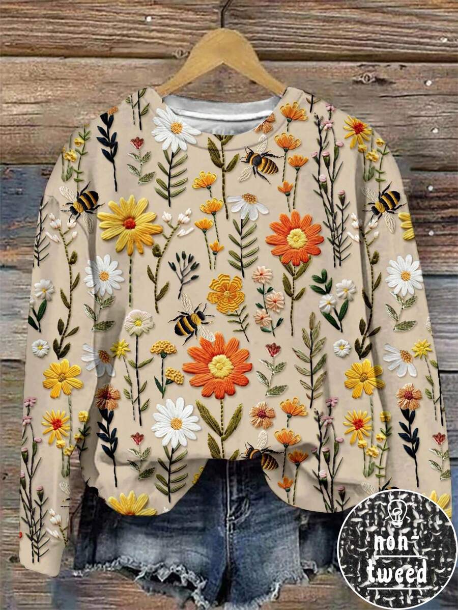 EMERY ROSE 休闲简约针织雏菊花朵蜜蜂印花圆领宽松女式运动衫 - 彩色 - 查看 1