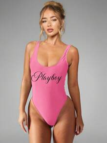 Missguided x Playboy 连体泳衣圆领高开叉露背复古风格标志标语经典夏季泳池沙滩泳衣 - 粉色 - 查看 3