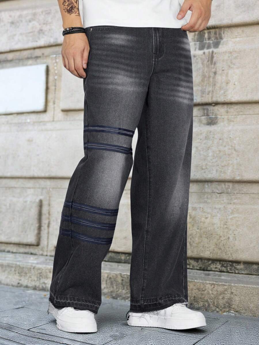 Manfinity Homme American Style High Street Webbed Decoration Straight Leg Jeans For Men, Vintage Grey Baggy Jeans - Black - View 1