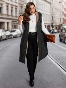 SHEIN Clasi 女士加大码棉质羽绒背心，优雅长款无袖羽绒背心，带口袋，保暖连帽棉质羽绒背心，适合秋冬季节穿着。 - 黑色 - 查看 5