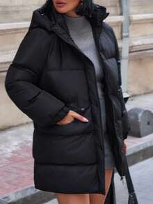 EURMUSE Women's Detachable Hooded Adjustable Drawstring Waist Flap Pocket Winter Coats - Black - View 4