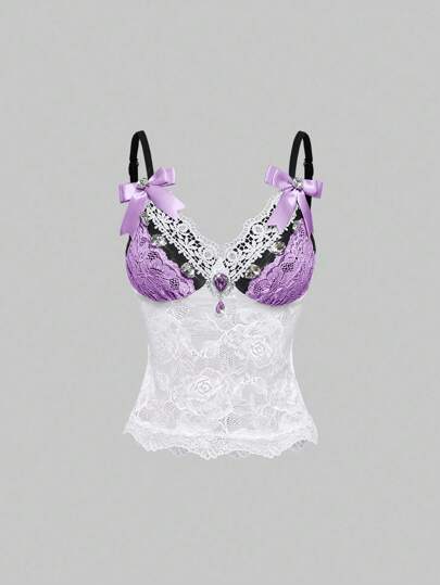 Fairycore Beach Resort Mermaid Lace Contrast Color Rhinestone Embroidery Women Camisole