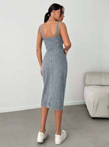 EURMUSE Slant Pocket Button Front Overall Denim Midi Dress - Blue - View 2