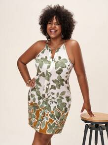 Comfylo SHEINLUNE 大码女式绿色花卉印花休闲度假无袖连衣裙 音乐会服装 女式狂欢服装 节日狂欢服装 乡村音乐会服装 纳什维尔服装 伊比沙岛服装 西部服装 女式波西米亚风度假服装 女式优雅度假服装 女式早午餐服装 圣帕特里克节 圣帕特里克节