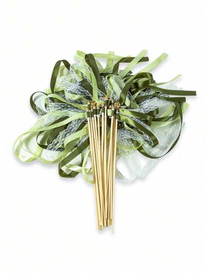 10/20/30 st bandstavar med trippelt spetsband och guldklocka feststav festfavörer serpentiner bandpinnar magiska älvstavar för bröllopsdekorationer (grön)