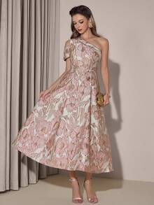 Poshira 女士花卉提花不对称领优雅正式晚会礼服 - 粉色 - 查看 5