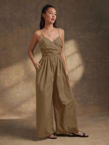 WESTFADE 春季府绸斜领蝴蝶结后背西部无袖可爱阔腿实用连体裤夏季海滩度假装 - 棕色 - 查看 5